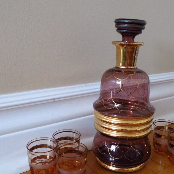 Vintage 1940 handblown Empoli glass liqueur carafe ,amethyst glass plus 5 shot - Picture 3 of 13